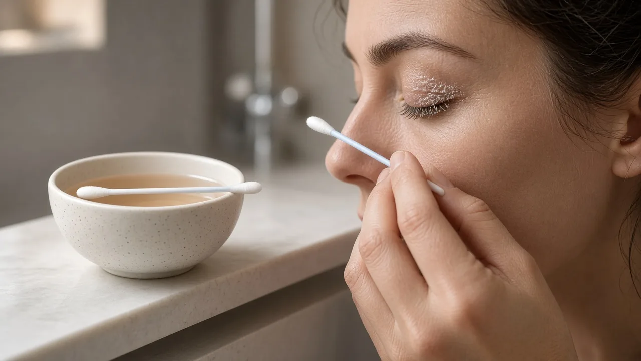 Jemný vatový tampon a vlažná voda při hygieně řas, bez kortikoidové tuby